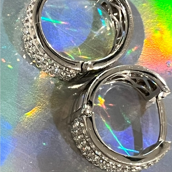 Two Sided Reversible Silver Rhinestone Cz Huggie Earrings - Picture 5 of 9